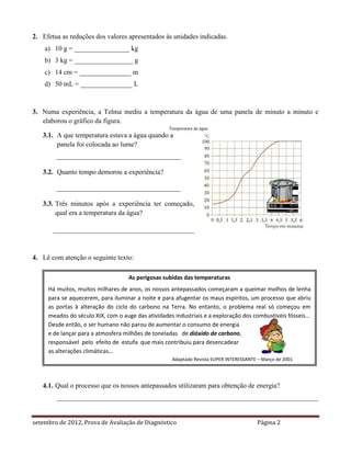 2. Efetua as reduções dos valores apresentados às unidades indicadas.
    a) 10 g = ________________ kg
    b) 3 kg = _________________ g
    c) 14 cm = _______________ m
    d) 50 mL = _______________ L



3. Numa experiência, a Telma mediu a temperatura da água de uma panela de minuto a minuto e
   elaborou o gráfico da figura.
                                                   Temperatura da água
   3.1. A que temperatura estava a água quando a
        panela foi colocada ao lume?
        ____________________________________

   3.2. Quanto tempo demorou a experiência?

        ____________________________________

   3.3. Três minutos após a experiência ter começado,
        qual era a temperatura da água?

       _________________________________________



4. Lê com atenção o seguinte texto:

                                   As perigosas subidas das temperaturas
     Há muitos, muitos milhares de anos, os nossos antepassados começaram a queimar molhos de lenha
     para se aquecerem, para iluminar a noite e para afugentar os maus espíritos, um processo que abriu
     as portas à alteração do ciclo do carbono na Terra. No entanto, o problema real só começou em
     meados do século XIX, com o auge das atividades industriais e a exploração dos combustíveis fósseis…
     Desde então, o ser humano não parou de aumentar o consumo de energia
     e de lançar para a atmosfera milhões de toneladas de dióxido de carbono,
     responsável pelo efeito de estufa que mais contribuiu para desencadear
     as alterações climáticas…
                                                    Adaptado Revista SUPER INTERESSANTE – Março de 2001




   4.1. Qual o processo que os nossos antepassados utilizaram para obtenção de energia?
        ____________________________________________________________________________


setembro de 2012, Prova de Avaliação de Diagnóstico                                     Página 2
 
