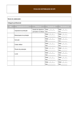 FICHA DE DISTRIBUIÇÃO DE EPI
Nome do colaborador:
Categoria profissional:
Ref. Designação do E.P.I. Riscos (1) Recepção (2) Devolução (3)
Capacete de protecção
Queda de objectos e
pancadas na cabeça
Data: ___/___/__
Ass:___________
Data: __/___/__
Ass:_________
Botas/sapato de proteção
Data: __/___/___
Ass:___________
Data: __/___/__
Ass:_________
Auricular
Data: __/___/___
Ass:___________
Data: __/___/__
Ass:_________
Colete refletor
Data: __/___/___
Ass:___________
Data: __/___/__
Ass:_________
Óculos de protecção
Data: __/___/___
Ass:___________
Data: __/___/__
Ass:_________
Luvas
Data: __/___/___
Ass:___________
Data: __/___/__
Ass:_________
Data: __/___/___
Ass:___________
Data: __/___/__
Ass:_________
Data: __/___/___
Ass:___________
Data: __/___/__
Ass:_________
 