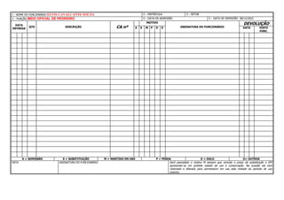 1 - NOME DO FUNCIONÁRIO ELVIS CAVALCANTE SOUZA 2 – MATRÍCULA 3 – SETOR
3 – FUNÇÃO MEIO OFICIAL DE PEDREIRO 4 – DATA DE ADMISSÃO 5 – DATA DE DEMISSÃO 08/12/2022
DATA
ENTREGA
QTD DESCRIÇÃO CA nº
MOTIVO
ASSINATURA DO FUNCIONÁRIO
DEVOLUÇÃO
A S M P D O DATA VISTO
FUNC.
A = ADMISSÃO S = SUBSTITUIÇÃO M = MANTIDO EM USO P = PERDA D = DOLO O= OUTROS
DATA ASSINATURA DO FUNCIONÁRIO Será assinalado o motivo M sempre que vencido o prazo de substituição o EPI
apresentar-se em prefeito estado de uso e conservação. Na ocasião ele será
vistoriado e liberado para permanecer em uso pela metade do período de uso
anterior.
 