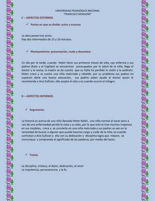 UNIVERSIDAD PEDAGÓGICA NACIONAL
                                   “FRANCISCO MORAZÁN”
C – ASPECTOS EXTERNOS

    Partes en que se divide: actos y escenas


La obra posee tres actos.
Hay dos intermedios de 15 y 10 minutos.



    Planteamiento: presentación, nudo y desenlace


Un día por la tarde, cuando Helen tiene sus primeros meses de vida, cae enferma y sus
padres (Kate y el Capitán) se encuentran preocupados por la salud de la niña, llega el
doctor y la revisa, la madre se da cuenta que su hijita ha perdido la visión y la audición.
Helen crece y se vuelve una niña malcriada y rebelde, por su problema sus padres no
supieron darle una buena educación, sus padres piden ayuda al doctor quien le
recomienda a Ana Sullivan, ella acepta el reto y es cuando ocurre el milagro.



D – ASPECTOS INTERNOS



    Argumento


La historia es acerca de una niña llamada Helen Keller, una niña normal al nacer pero a
raíz de una enfermedad perdió la vista y su oído, por lo que esto le trae muchos tropiezos
en sus modales, crece y se convierte en una niña malcriada y sus padres se ven en la
necesidad de buscar a alguien que pueda hacerse cargo y cuide de la niña, es cuando
contratan a Ana Sullivan y ella con su dedicación y disciplina logra que mejore, se
comunique y comprenda el significado de las palabras, por medio del tacto.




    Temas


La disciplina, tristeza, el dolor, dedicación, el amor
La impotencia, perseverancia y la fe.
 