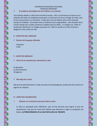 UNIVERSIDAD PEDAGÓGICA NACIONAL
                                 “FRANCISCO MORAZÁN”
      El problema psicológico de Ana Sullivan y su solución

 Ana Sullivan desde su niñez tenia muchos traumas, ella y su hermano se criaron en un
orfanato allí vivían en condiciones precarias; su hermano murió en el hogar de niños, Ana
le hizo una promesa a su hermano , le dijo que nunca lo dejaría sólo y este recuerdo
siempre la rodeaba, escuchaba voces y reclamos que la angustiaban, esta situación duró
mucho tiempo aún cuando comenzó a trabajar para los Keller, su trabajo con Helen le
ayudó para distraerse y el milagro que paso con Helen le ayudó y la niña comenzó a
apegarse a Ana y esta con ella.


E – ASPECTOS DEL LENGUAJE

 Niveles del lenguaje utilizados

    Coloquial
    Culto



F – ASPECTOS MORALES

 Vicios de la sociedad que representa la obra


El abandono
La discriminación
Arrogancia


 Moraleja de la obra

Hay que ser perseverantes en cada cosa que nos propongamos, porque de esta manera se
lograra ser mejores.




G – ASPECTOS VALORATIVOS

      Redacte un comentario personal sobre la obra

    La obra es apropiada para reflexionar, que no hay barreras para lograr lo que nos
    proponemos, hay que ser como Ana Sullivan que perseveró y logró su propósito con
    Helen. LA PERSEVERANCIA ES LA QUE NOS LLEVA AL TRIUNFO.
 