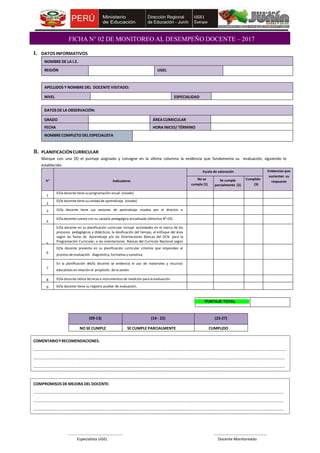 Ficha de evaluacion del desempeño docente 2017 | PDF