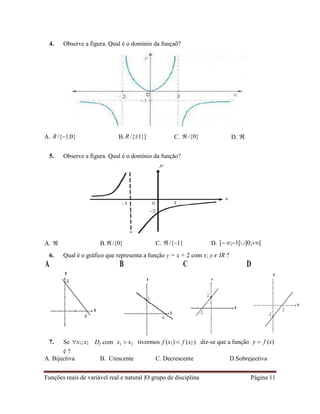 Funções reais de variável real e natural |O grupo de disciplina Página 11
4. Observe a figura. Qual é o dominio da funçaõ?
A. R /{1;0} B. R /{1}] C.  /{0} D. 

5. Observe a figura. Qual é o domínio da função?
A.  B./{0} C. /{1} D. ];1[]0;[
6. Qual é o gráfico que representa a função y = x + 2 com x; y 𝜖 IR ?
7. Se x1;x2
é ?
Df com x1  x2 tivermos f (x1)  f (x2 ) diz-se que a função y  f (x)
A. Bijectiva B. Crescente C. Decrescente D.Sobrejectiva
 