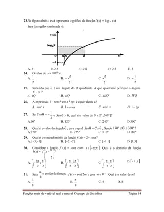 Funções reais de variável real e natural |O grupo de disciplina Página 14
23.Na figura abaixo está representa o gráfico da função f (x) = log b x:A
área da região sombreada é:
A. 2 B.2,2 C.2,8 D. 2,5 E. 3
24. O valor de sen12000
é:
A.
1
B. 
3
C.
3
D. 
1
2 2 2 2
25. Sabendo que  é um ângulo do 1º quadrante. A que quadrante pertence o ângulo
  ?
A. IQ B. IIQ C. IIIQ D. IVQ
26. A expressão 1 senx* cos x *tgx é equivalente á?
A. sen2
x B. 1 senx C. cos2
x D. 1  tgx
27. Se Cos  
1
2
e Sen  0 , qual é o valor de  [0o
;360o
]?
A.60° B. 120° C. 240° D.300°
28. Qual é o valor do ângulo , para o qual Sen  Cos , Sendo 180o
   360o
?
A.270° B. 225° C. 210° D.180°
29. Qual é o contradomínio da função f (x) = 2+ cosx?
A. [3;1] B. [2;2] C. [1;1] D. [1;3]
30. Considere a função f (x) = senx com
h(x)  f

x 
 
?
x; . Qual é o domínio da função


A.


3
;
 


B.



;
3 

C.



;
 

D.;
 2 2  2 2   2 2

31. Seja

o perido da funcao
4
f (x)  cos(2mx), com m 
. Qual é o valor de m?
A.
1
B.
8

C. 4 D. 8
8
2
 