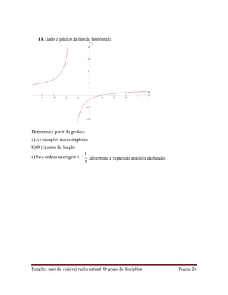 Funções reais de variável real e natural |O grupo de disciplina Página 26
10. Dado o gráfico da função homógrafa
Determine a partir do grafico:
a) As equações das assimptotas
b) O (s) zeros da função
c) Se a ordena na origem é 
1
3
,determine a expressão analitica da função.
 