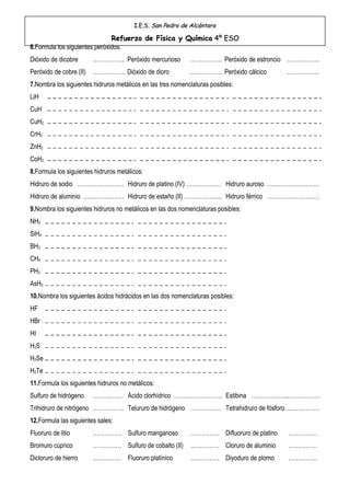I.E.S. San Pedro de Alcántara

                               Refuerzo de Física y Química 4º ESO
6.Formula los siguientes peróxidos:
Dióxido de dicobre      …………….. Peróxido mercurioso          …………….. Peróxido de estroncio ……………..
Peróxido de cobre (II) …………….. Dióxido de dioro              …………….. Peróxido cálcico      ……………..
7.Nombra los siguientes hidruros metálicos en las tres nomenclaturas posibles:
LiH
CuH
CuH2
CrH3
ZnH2
CoH2
8.Formula los siguientes hidruros metálicos:
Hidruro de sodio …………………… Hidruro de platino (IV) ……………… Hidruro auroso ………………………
Hidruro de aluminio ………………… Hidruro de estaño (II) ……………….. Hidruro férrico ………………………
9.Nombra los siguientes hidruros no metálicos en las dos nomenclaturas posibles:
NH3
SiH4
BH3
CH4
PH3
AsH3
10.Nombra los siguientes ácidos hidrácidos en las dos nomenclaturas posibles:
HF
HBr
HI
H2S
H2Se
H2Te
11.Formula los siguientes hidruros no metálicos:
Sulfuro de hidrógeno    ……………. Ácido clorhídrico ……………………. Estibina ………………..…………….
Trihidruro de nitrógeno ……………. Telururo de hidrógeno ……………. Tetrahidruro de fósforo………………
12.Formula las siguientes sales:
Fluoruro de litio       …………… Sulfuro manganoso              …………… Difluoruro de platino   ……………
Bromuro cúprico         …………… Sulfuro de cobalto (II)        …………… Cloruro de aluminio     ……………
Dicloruro de hierro     …………… Fluoruro platínico             …………… Diyoduro de plomo       ……………
 