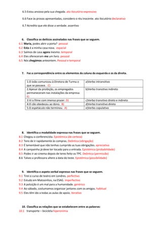6.5 Estou ansioso pela sua chegada. ato ilocutório expressivo 
6.6 Face às provas apresentadas, considero o réu inocente. ato ilocutório declarativo 
6.7 Acredito que ele disse a verdade. assertivo 
6. Classifica os deíticos assinalados nas frases que se seguem. 
6.1 Maria, podes abrir a porta? pessoal 
6.2 Esta é a minha casa nova. espacial 
6.3 Saímos de casa agora mesmo. temporal 
6.4 Eles ofereceram-me um livro. pessoal 
6.5 Nós chegámos anteontem. Pessoal e temporal 
7. Faz a correspondência entre os elementos da coluna da esquerda e os da direita. 
1.O João comunicou à Diretora de Turma o que se passava. C) 
a)Verbo intransitivo 
2.Apesar da proibição, os empregados permaneceram nas instalações da empresa. E) 
b)Verbo transitivo indireto 
3.Vi o filme com imenso prazer. D) 
c)Verbo transitivo direto e indireto 
4.O cão obedeceu ao dono. B) 
d)Verbo transitivo direto 
5.O espetáculo não terminou. A) 
e)Verbo copulativo 
8. Identifica a modalidade expressa nas frases que se seguem. 
8.1 Chegou o conferencista. Epistémica (de certeza) 
8.2 Tens de ir rapidamente às compras. Deôntica (obrigação) 
8.3 É lamentável que não tenhas cumprido as tuas obrigações. apreciativa 
8.4 A campainha já deve ter tocado para a entrada. Epistémica (probabilidade) 
8.5 Podes ir ao cinema depois de teres feito os TPC. Deôntica (permissão) 
8.6 Talvez a professora altere a data do teste. Epistémica (possibilidade) 
9. Identifica o aspeto verbal expresso nas frases que se seguem. 
9.1 Tirei o curso de teatro em Londres. perfectivo 
9.2 Estudo em Matosinhos, na ESAG. imperfectivo 
9.3 A poluição é um mal para a humanidade. genérico 
9.4 Ao sábado, costumamos organizar jantares com os amigos. habitual 
9.5 Eles têm ido a todas as aulas de apoio. iterativo 
10. Classifica as relações que se estabelecem entre as palavras: 
10.1 transporte – bicicleta hiperonímia  