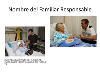 Nombre del Familiar Responsable
PARENTESCO QUE TENGA CON EL PACIENTE:
PADRE, MADRE, HERMANO, ABUELO, TÍO, TUTOR, E
TC.