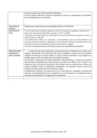 manera se promueve la libre expresión individual.
                El autor plantea diferentes técnicas analizando las mismas y explicitando los materiales
                mas apropiados para su realización.



SELECCIÓN DE    Adolescencia, importancia de la creatividad artística, el rol docente.
TÓPICOS
SELECCIÓN DE    “Uno de cada cuatro individuos depende más de sus reacciones subjetivas, tales como el
CITAS           tacto y las sensaciones Kinestésicas, que de su visión”. Pag293
                “Cada tipo de individuo debe ser estimulado en el mismo sentido de su experiencia y de su
                modo de pensar” Pag.293
                “Los adolescentes deben ser motivados y entusiasmados para que experimenten con
                distintos materiales artísticos, siguiendo la misma línea de aventura y descubrimiento que
                les interesen, pero sin imponerles realizaciones perfectas.” pag312
                “El arte es la expresión de uno mismo de acuerdo a las necesidades individuales”.

OBSERVACIONES         A través de este autor observamos que hay dos tipos de individuos los visuales y los
ORIGINALES Y    hápticos, observando las características de cada uno podemos sostener que no es posible
CONCLUSIONES    trabajar con todos de la misma manera, ni con los mismos materiales. Ya que algunos se
                pueden llegar a iniciar con algún tipo de actividad o ejercicio. ….
                Es necesario e importante el mostrar diferentes representaciones, y maneras de resolver
                determinadas interpretaciones. Demostrando que todas son validas, que no existe una
                mejor que otra, sino que son diferentes. Esto se debe como se menciona en el texto a la
                relación existente entre las experiencias individuales y la expresión artística, como una
                influye en la otra muchas veces sin tenerlo en cuenta.
                El adolescente atraviesa una etapa de crisis en la que debe ser respetado y necesita del
                estimulo y el fortalecimiento de su autoestima, el rol del docente es fundamental para
                incentivar el desarrollo de su imaginación y creatividad.




                        Amelia Luissi C.I 47770509 3°A Com. Visual - IPA
 