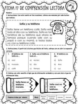 FICHA 17 DE COMPRENSIÓN LECTORA
Nombre: ______________________________________________________
1. Instrucciones: Lee este cuento en tres ocasiones, colorea una manzana por cada lectura
que realices.
Sofía y su teléfono
Sofía tiene un teléfono café. Sofía está
todo el día con su teléfono. Sofía es tan
fanática de su teléfono que ahora es
famosa porque cuando sale con su
papá o con su mamá, a todos lados
va, con su teléfono café.
2. Instrucciones: A partir de la lectura que hiciste del texto, subraya con un color la respuesta
correcta.
1. El teléfono de
Sofía es…
a) azul
b) morado
c) café
2. Sofía usa el teléfono
todo el…
a) recreo
b) día
c) tiempo
3. El teléfono es
de…
a) Sofía
b) Ana
c) Luz
3. Colorea con color amarillo el lápiz que da información verdadera y con azul claro el que da
información falsa.
Palabras leídas por minuto: Nivel:
Requiere
apoyo
Se acerca al
estándar
Estándar Avanzado
Sofía tiene un
teléfono
morado.
Sofía casi no
usa su
teléfono.
 