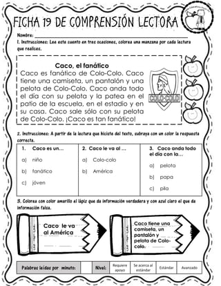FICHA 19 DE COMPRENSIÓN LECTORA
Nombre: ______________________________________________________
1. Instrucciones: Lee este cuento en tres ocasiones, colorea una manzana por cada lectura
que realices.
Caco, el fanático
Caco es fanático de Colo-Colo. Caco
tiene una camiseta, un pantalón y una
pelota de Colo-Colo. Caco anda todo
el día con su pelota y la patea en el
patio de la escuela, en el estadio y en
su casa. Caco sale sólo con su pelota
de Colo-Colo. ¡Caco es tan fanático!
2. Instrucciones: A partir de la lectura que hiciste del texto, subraya con un color la respuesta
correcta.
1. Caco es un…
a) niño
b) fanático
c) jóven
2. Caco le va al …
a) Colo-colo
b) América
3. Caco anda todo
el día con la…
a) pelota
b) papa
c) pila
3. Colorea con color amarillo el lápiz que da información verdadera y con azul claro el que da
información falsa.
Palabras leídas por minuto: Nivel:
Requiere
apoyo
Se acerca al
estándar
Estándar Avanzado
Caco le va
al América
Caco tiene una
camiseta, un
pantalón y
pelota de Colo-
colo.
 