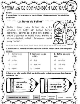 FICHA 26 DE COMPRENSIÓN LECTORA
Nombre: ______________________________________________________
1. Instrucciones: Lee este cuento en tres ocasiones, colorea una manzana por cada lectura
que realices.
Las botas de Betina
Betina tiene unas botas de color
caoba. Las botas de Betina tienen
botones. Betina se pone sus botas y
saca a pasear al bebé Beto. Betina le
da una bebida a Beto. Beto es un bebé
muy bueno.
2. Instrucciones: A partir de la lectura que hiciste del texto, subraya con un color la respuesta
correcta.
1. Betina tiene
unas..
a) botas
b) copas
c) sopas
2. Las botas son de
color..
a) Azul
b) Morado
c) Caoba
3. Betina se pone
sus..
a) zapatos
b) calcetas
c) botas
3. Colorea con color amarillo el lápiz que da información verdadera y con azul claro el que da
información falsa.
Palabras leídas por minuto: Nivel:
Requiere
apoyo
Se acerca al
estándar
Estándar Avanzado
Los zapatos
son de
Betina.
Los zapatos
son de color
morado.
 