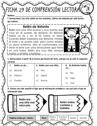 FICHA 29 DE COMPRENSIÓN LECTORA
Nombre: ______________________________________________________
1. Instrucciones: Lee este cuento en tres ocasiones, colorea una manzana por cada lectura
que realices.
Belén de Betania
Belén era una niña buena y muy bonita que
vivía en el pueblo de Betania .En Betania
había un río y en el río había un bote.
Cuando Belén paseaba por Betania, miraba
el bote y se quería subir, pero como estaba
un poco enferma, sólo se conformaba con
mirar el bote con unos binoculares que tenía
en una bolsa. Belén era muy feliz, porque
oraba, cantaba y bailaba.
2. Instrucciones: A partir de la lectura que hiciste del texto, subraya con un color la respuesta
correcta.
1. Belén es de…
a) Betania
b) México
c) Puebla
2. Belén era una niña..
a) Fea
b) Ligera
c) Buena
3. En Betania había
un…
a) Río
b) lago
c) mar
3. Colorea con color amarillo el lápiz que da información verdadera y con azul claro el que da
información falsa.
Palabras leídas por minuto: Nivel:
Requiere
apoyo
Se acerca al
estándar
Estándar Avanzado
Belén era
una niña mal
educada.
Belén oraba,
cantaba y
bailaba.
 