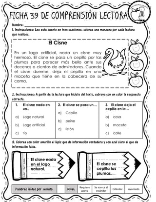 FICHA 39 DE COMPRENSIÓN LECTORA
Nombre: ______________________________________________________
1. Instrucciones: Lee este cuento en tres ocasiones, colorea una manzana por cada lectura
que realices.
El Cisne
En un lago artificial, nada un cisne muy
hermoso. El cisne se pasa un cepillo por las
plumas para parecer más bello ante sus
decenas o cientos de admiradores. Cuando
el cisne duerme, deja el cepillo en una
maceta que tiene en la cabecera de su
cama.
2. Instrucciones: A partir de la lectura que hiciste del texto, subraya con un color la respuesta
correcta.
1. El cisne nada en
un..
a) Lago natural
b) Lago artificial
c) río
2. El cisne se pasa un…
a) Cepillo
b) peine
c) listón
3. El cisne deja el
cepillo en la…
a) casa
b) maceta
c) calle
3. Colorea con color amarillo el lápiz que da información verdadera y con azul claro el que da
información falsa.
Palabras leídas por minuto: Nivel:
Requiere
apoyo
Se acerca al
estándar
Estándar Avanzado
El cisne nada
en el lago
natural.
El cisne se
cepilla las
plumas.
 