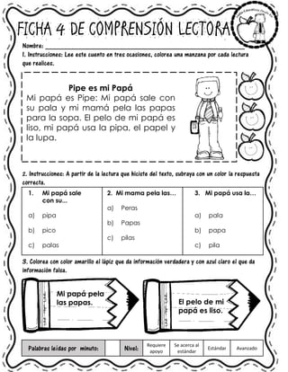 FICHA 4 DE COMPRENSIÓN LECTORA
Nombre: ______________________________________________________
1. Instrucciones: Lee este cuento en tres ocasiones, colorea una manzana por cada lectura
que realices.
Pipe es mi Papá
Mi papá es Pipe: Mi papá sale con
su pala y mi mamá pela las papas
para la sopa. El pelo de mi papá es
liso, mi papá usa la pipa, el papel y
la lupa.
2. Instrucciones: A partir de la lectura que hiciste del texto, subraya con un color la respuesta
correcta.
1. Mi papá sale
con su...
a) pipa
b) pico
c) palas
2. Mi mama pela las…
a) Peras
b) Papas
c) pilas
3. Mi papá usa la…
a) pala
b) papa
c) pila
3. Colorea con color amarillo el lápiz que da información verdadera y con azul claro el que da
información falsa.
Palabras leídas por minuto: Nivel:
Requiere
apoyo
Se acerca al
estándar
Estándar Avanzado
Mi papá pela
las papas. El pelo de mi
papá es liso.
 