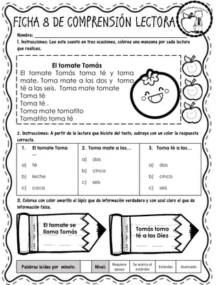 FICHA 8 DE COMPRENSIÓN LECTORA
Nombre: ______________________________________________________
1. Instrucciones: Lee este cuento en tres ocasiones, colorea una manzana por cada lectura
que realices.
El tomate Tomás
El tomate Tomás toma té y toma
mate. Toma mate a las dos y toma
té a las seis. Toma mate tomate
Toma té
Toma té .
Toma mate tomatito
Tomatito toma té
2. Instrucciones: A partir de la lectura que hiciste del texto, subraya con un color la respuesta
correcta.
1. El tomate Toma
...
a) té
b) leche
c) coca
2. Toma mate a las…
a) dos
b) cinco
c) seis
3. Toma té a las…
a) dos
b) cinco
c) seis
3. Colorea con color amarillo el lápiz que da información verdadera y con azul claro el que da
información falsa.
Palabras leídas por minuto: Nivel:
Requiere
apoyo
Se acerca al
estándar
Estándar Avanzado
El tomate se
llama Tomás
Tomás toma
té a las Díez
 