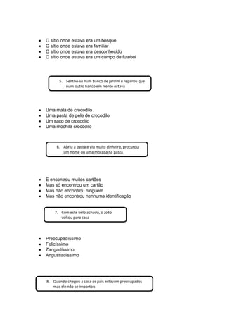 O sítio onde estava era um bosque
O sítio onde estava era familiar
O sítio onde estava era desconhecido
O sítio onde estava era um campo de futebol
Uma mala de crocodilo
Uma pasta de pele de crocodilo
Um saco de crocodilo
Uma mochila crocodilo
E encontrou muitos cartões
Mas só encontrou um cartão
Mas não encontrou ninguém
Mas não encontrou nenhuma identificação
Preocupadíssimo
Felicíssimo
Zangadíssimo
Angustiadíssimo
5. Sentou-se num banco de jardim e reparou que
num outro banco em frente estava
6. Abriu a pasta e viu muito dinheiro, procurou
um nome ou uma morada na pasta
7. Com este belo achado, o João
voltou para casa
8. Quando chegou a casa os pais estavam preocupados
mas ele não se importou
 