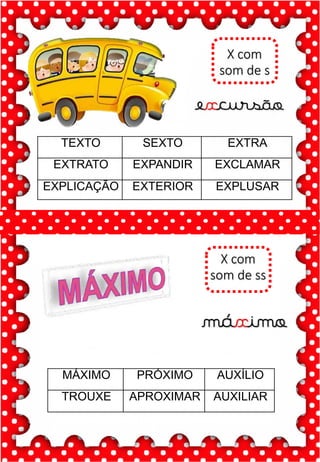 Z
z
Z
z
za- ze- zi- zo- zu
ZA- ZE- ZI- ZO- ZU
za- ze- zi- zo- zu
Za- Ze- Zi- Zo- Zu
ZEBRA ZANGÃO ZUNIDO
ZELO VAZIO ZERO
COZINHA ZUMBI ZECA
O zangão é um dos amigos
da zebra Zizi
zebra
Roberto quer fazer uma casa na árvore!
ar – er – ir – or - ur
ar – er – ir – or - ur
árvore
ARMÁRIO CARTA CORDA
BARCO MAR AZAR
PERNA CIRCO APAGADOR
GARFO SORTE VERDE
LER URSO HORTA
ÁRVORE DORMIR SORVETE
X com
som de s
excursão
X com
som de ss
máximo
TEXTO SEXTO EXTRA
EXTRATO EXPANDIR EXCLAMAR
EXPLICAÇÃO EXTERIOR EXPLUSAR
MÁXIMO PRÓXIMO AUXÍLIO
TROUXE APROXIMAR AUXILIAR
 