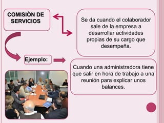 Se da cuando el colaborador 
sale de la empresa a 
desarrollar actividades 
propias de su cargo que 
desempeña. 
COMISIÒN DE 
SERVICIOS 
Ejemplo: 
Cuando una administradora tiene 
que salir en hora de trabajo a una 
reunión para explicar unos 
balances. 
 