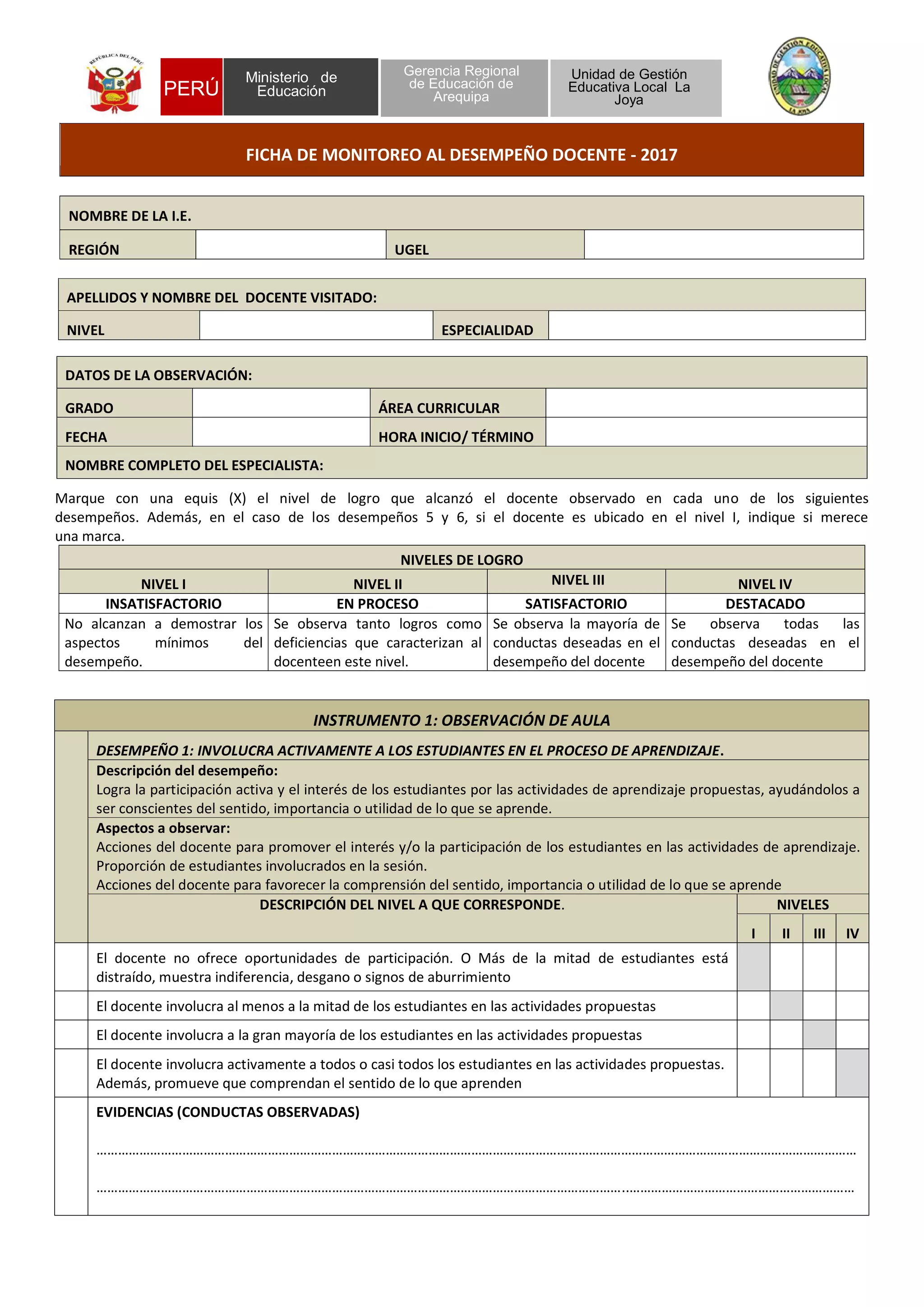 Ficha de monitoreo del desempeño docente 2017 ugel la joya | PDF