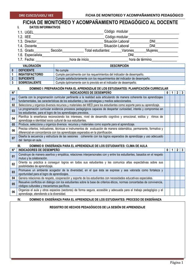Ficha de monitoreo docente | PDF
