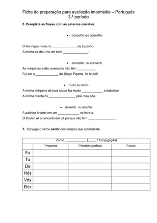 Ficha de preparação avaliação intermedia 3 p_portugues | PDF