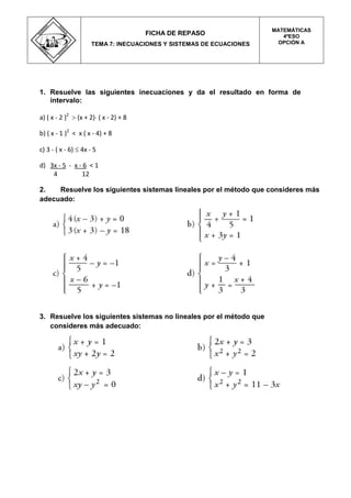 1. Resuelve las siguientes inecuaciones y da el resultado en forma de
intervalo:
a) ( x - 2 )2
 (x + 2) ( x - 2) + 8
b) ( x - 1 )2
< x ( x - 4) + 8
c) 3 - ( x - 6)  4x - 5
d) 3x - 5 - x - 6 < 1
4 12
2. Resuelve los siguientes sistemas lineales por el método que consideres más
adecuado:
3. Resuelve los siguientes sistemas no lineales por el método que
consideres más adecuado:
FICHA DE REPASO
TEMA 7: INECUACIONES Y SISTEMAS DE ECUACIONES
MATEMÁTICAS
4ºESO
OPCIÓN A
 