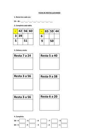 FICHA DE RESTAS LLEVANDO
1. Resta tres cada vez
29 – 26 - ___ - ___ - ___ - ___ - ___ - ___ - ___ - ___
2. Completa cada tabla.
- 42 56 60
3 39
5 51
3. Coloca y resta:
Resta 7 a 24
Resta 3 a 56
4. Completa.
58 – 4 - 6 - 8 - 7 - 9
60 – 5 - 4 - 3 - 2 - 1
- 65 59 44
6
9 50
Resta 5 a 40
Resta 9 a 38
Resta 3 a 56 Resta 6 a 20