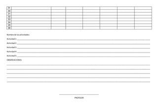 29
30
31
32
33
34
35
36
Nombre de lasactividades:
Actividad1:__________________________________________________________________________________________________________________________________
Actividad2:__________________________________________________________________________________________________________________________________
Actividad3:__________________________________________________________________________________________________________________________________
Actividad4:__________________________________________________________________________________________________________________________________
Actividad5:__________________________________________________________________________________________________________________________________
OBSERVACIONES:
____________________________________________________________________________________________________________________________________________
____________________________________________________________________________________________________________________________________________
____________________________________________________________________________________________________________________________________________
____________________________________________________________________________________________________________________________________________
____________________________________________________________________________________________________________________________________________
_______________________________________
PROFESOR
 