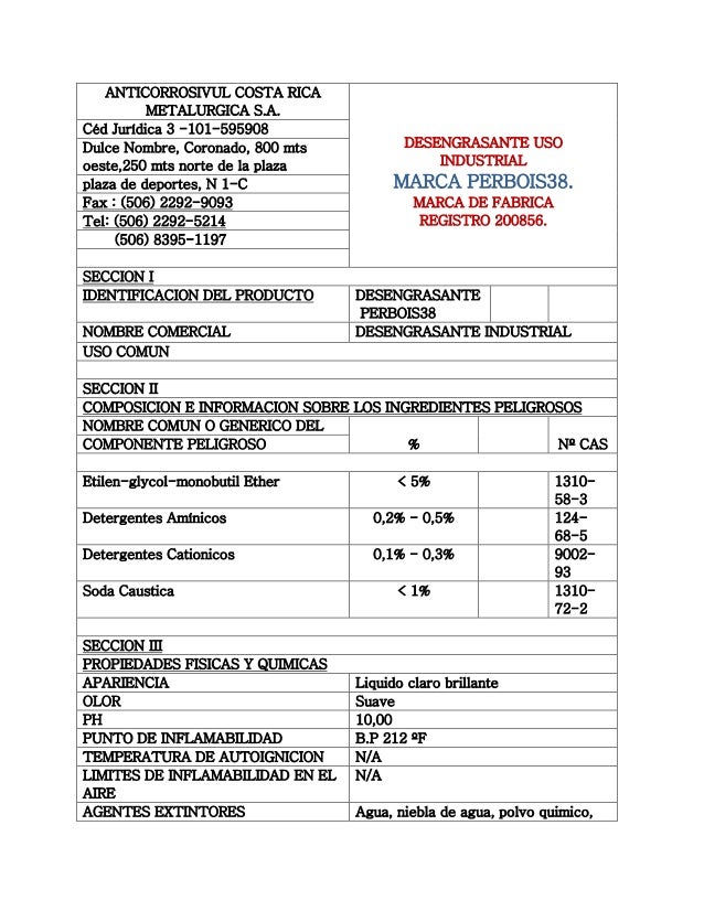 Ficha desengrasante industrial marca perbois 38.