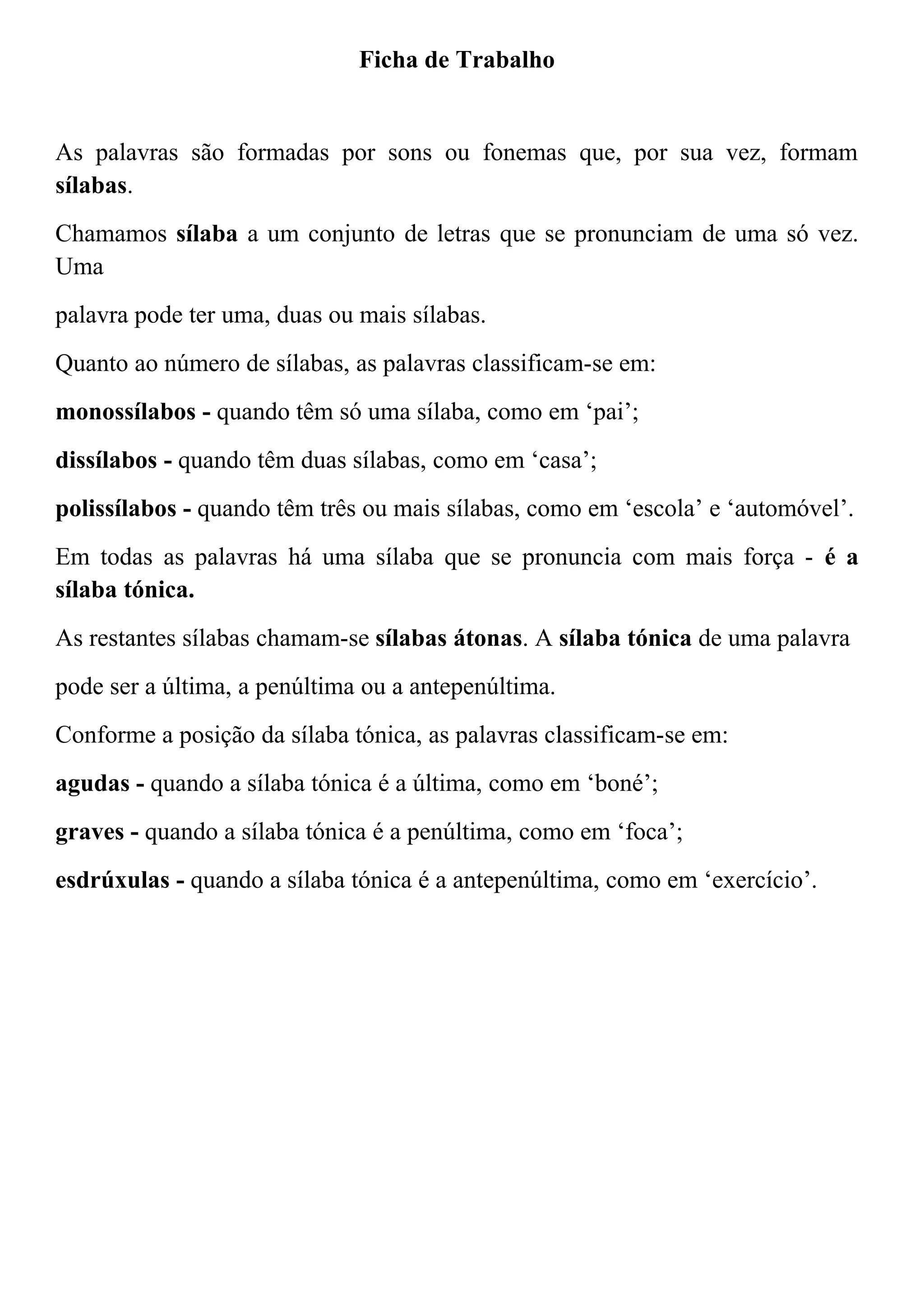 Ficha de trabalho - sílaba tónica e sílaba átona- | DOC