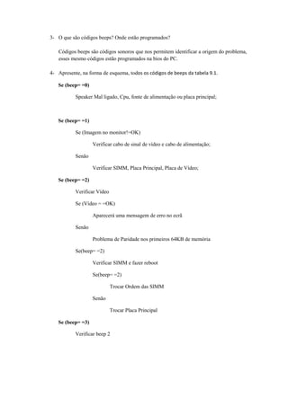 3- O que são códigos beeps? Onde estão programados?

   Códigos beeps são códigos sonoros que nos permitem identificar a origem do problema,
   esses mesmo códigos estão programados na bios do PC.

4- Apresente, na forma de esquema, todos os códigos de beeps da tabela 9.1.

   Se (beep= =0)

           Speaker Mal ligado, Cpu, fonte de alimentação ou placa principal;



   Se (beep= =1)

           Se (Imagem no monitor!=OK)

                   Verificar cabo de sinal de vídeo e cabo de alimentação;

           Senão

                   Verificar SIMM, Placa Principal, Placa de Vídeo;

   Se (beep= =2)

           Verificar Vídeo

           Se (Vídeo = =OK)

                   Aparecerá uma mensagem de erro no ecrã

           Senão

                   Problema de Paridade nos primeiros 64KB de memória

           Se(beep= =2)

                   Verificar SIMM e fazer reboot

                   Se(beep= =2)

                             Trocar Ordem das SIMM

                   Senão

                             Trocar Placa Principal

   Se (beep= =3)

           Verificar beep 2
 