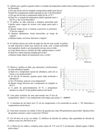 16. Admite que o gráfico seguinte traduz a evolução da temperatura média numa cidade portuguesa de 1 a 30
 de Dezembro.
 a) Em que dia do mês foi atingida a temperatura média mais baixa?
 b) Qual foi a temperatura média registada no dia 12 de Dezembro?
 c) Em que dia do mês a temperatura média foi de 14 ºC?
 d) Qual foi a variação da temperatura média registada entre o
   dia 20 e o dia 22 de Dezembro?
17. O gráfico ao lado relaciona a distância percorrida pela
 Catarina numa viagem de scooter com tempo gasto para a
 percorrer.
 a) Quanto tempo levou a Catarina a percorrer os primeiros
   15 km da viagem?
 b) Quantos quilómetros foram percorridos ao longo da
   viagem?
 c) Quanto tempo, em horas, demorou a viagem?

18. O António lançou um avião de papel do alto de uma escada. O gráfico
 ao lado relaciona a altura (em metros) do avião, com o tempo decorrido
 (em segundos), desde o seu lançamento até que caiu no chão.
 a) A que altura estava o António do chão, quando lançou o avião?
 b) Qual foi a altura máxima atingida pelo avião?
 c) Quanto tempo depois do lançamento caiu o avião?




19. Observa o gráfico ao lado, que representa o arrefecimento
 de uma substância líquida:
 a) Qual era a temperatura inicial da substância, antes de se
   iniciar o seu arrefecimento?
 b) Ao fim de 30 minutos, quantos graus tinha arrefecido a
   substância?
 c) Aos 10 minutos, qual era a sua temperatura?
 d) Quanto tempo decorreu até a temperatura ter atingido os
   60 ºC?
 e) A partir de aproximadamente 25 ºC, a temperatura
   manteve-se estável. O que poderá explicar este facto?

20. Uma parte rectilínea de uma auto-estrada tem 35 km de
 comprimento. Qual é o seu comprimento num mapa cuja escala é 1 : 400000?

21. A miniatura de um barco tem 5,5 cm de comprimento e foi construída na escala 1 : 90. Determina o
 comprimento real do barco.

22. Uma moto consome, em média, 4 litros de gasolina por cada 100 quilómetros percorridos. Quantos litros
 de gasolina consome a moto se percorrer 250 km?

23. Em 60 litros de ar há, em média, 21 mililitros de dióxido de carbono. Que quantidade de dióxido de
 carbono existe em 100 litros de ar?

24. A Maria foi aos saldos e comprou umas calças de 75 € com 35 % de desconto. Quanto pagou a Maria
 pelas calças?
 