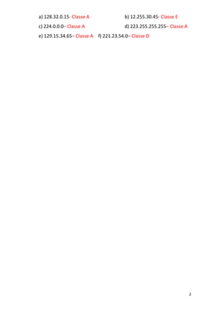 a) 128.32.0.15- Classe A              b) 12.255.30.45- Classe E
c) 224.0.0.0– Classe A                d) 223.255.255.255– Classe A
e) 129.15.34.65– Classe A f) 221.23.54.0– Classe D




                                                                     2
 
