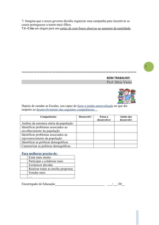 1
7- Imagina que o nosso governo decidiu organizar uma campanha para incentivar os
casais portugueses a terem mais filhos.
7.1- Cria um slogan para um cartaz de com frases alusivas ao aumento da natalidade.
******************************************************************************
BOM TRABALHO!
Prof. Sílvia Vieira
Depois de estudar as Escalas, sou capaz de fazer a minha autoavaliação no que diz
respeito ao desenvolvimento das seguintes competências…
Competências Desenvolvi Estou a
desenvolver
Ainda não
desenvolvi
Análise da estrutura etária da população
Identificar problemas associados ao
envelhecimento da população
Identificar problemas associados ao
rejuvenescimento da população
Identificar as politicas demográficas
Caracterizar as politicas demográficas
Para melhorar preciso de:
Estar mais atento
Participar e colaborar mais
Esclarecer dúvidas
Realizar todas as tarefas propostas
Estudar mais
…
Encarregado de Educação_______________________________ ___/___/20__
 