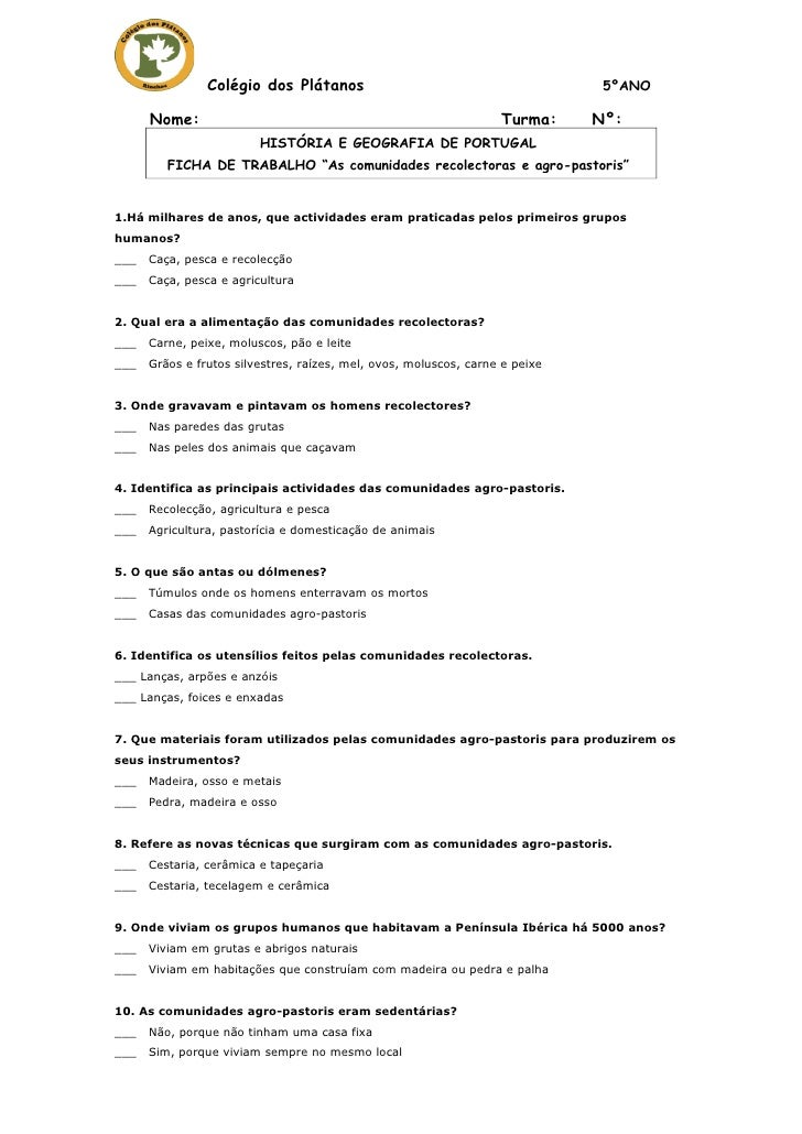 Ficha de trabalho as comunidades recoletoras e agro pastoris