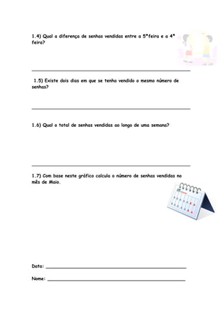 1.4) Qual a diferença de senhas vendidas entre a 5ªfeira e a 4ª
feira?




 1.5) Existe dois dias em que se tenha vendido o mesmo número de
senhas?




1.6) Qual o total de senhas vendidas ao longo de uma semana?




1.7) Com base neste gráfico calcula o número de senhas vendidas no
mês de Maio.




Data: __________________________________________________

Nome: _________________________________________________
 