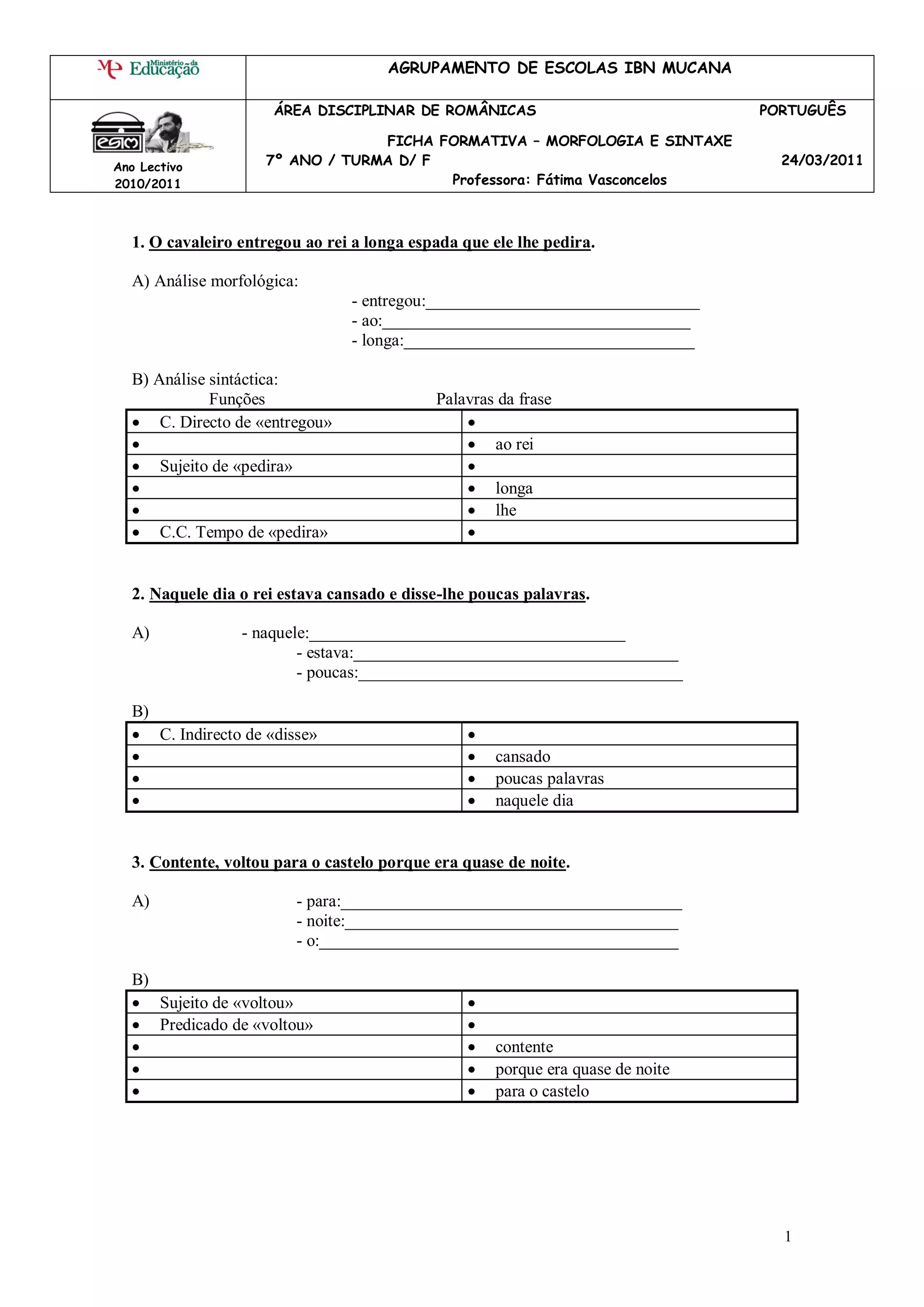 LP: Ficha de Trabalho Morfologia e Sintaxe | PDF