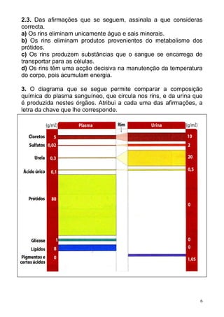 6
2.3. Das afirmações que se seguem, assinala a que consideras
correcta.
a) Os rins eliminam unicamente água e sais minerais.
b) Os rins eliminam produtos provenientes do metabolismo dos
prótidos.
c) Os rins produzem substâncias que o sangue se encarrega de
transportar para as células.
d) Os rins têm uma acção decisiva na manutenção da temperatura
do corpo, pois acumulam energia.
3. O diagrama que se segue permite comparar a composição
química do plasma sanguíneo, que circula nos rins, e da urina que
é produzida nestes órgãos. Atribui a cada uma das afirmações, a
letra da chave que lhe corresponde.
 