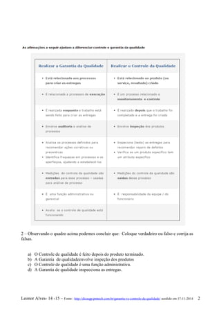2 – Observando o quadro acima podemos concluir que: Coloque verdadeiro ou falso e corrija as 
falsas. 
a) O Controle de qu...