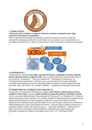 3. ASSOCIAÇÕES
A firma deve dar a conhecer a respectiva natureza associativa, podendo conter siglas,
expressões de fantasi...