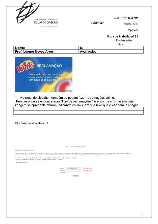 Ficha de trabalho n 36 livro de reclama es online