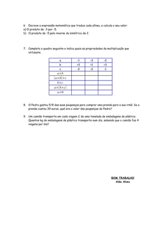 6. Escreve a expressão matemática que traduz cada alínea, e calcula o seu valor:
a) O produto de -3 por -5.
b) O produto de -5 pelo inverso do simétrico de 2.




7. Completa o quadro seguinte e indica quais as propriedades da multiplicação que
   utilizaste.

                            a            -1        -3        -2
                            b           +3         +1        +3
                            c            -2        -2        -1
                           a×b
                       ( a × b) × c
                           b×c
                       a × ( b × c)
                           a×0


8. O Pedro gastou 5/8 das suas poupanças para comprar uma prenda para a sua irmã. Se a
   prenda custou 39 euros, qual era o valor das poupanças do Pedro?

9. Um camião transporta em cada viagem ¾ de uma tonelada de embalagens de plástico.
   Quantos kg de embalagens de plástico transporta num dia, sabendo que o camião faz 4
   viagens por dia?




                                                                   BOM TRABALHO
                                                                     Alda Alves
 