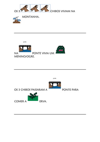 OS 3 CHIBOS VIVIAM NA
MONTANHA.
NA PONTE VIVIA UM
MENINO/OGRE.
OS 3 CHIBOS PASSARAM A PONTE PARA
COMER A ERVA.
 