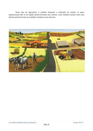  
 

         Neste tipo de agricultura, é também frequente a utilização de estufas, as quais
proporcionam não só um rápido desenvolvimento das culturas, como também actuam como uma
barreira protectora face às condições climáticas mais adversas.




Luis Manuel Mendes Pereira Gonçalves                                       Turma: EFA C
                                        Pág. 12
 