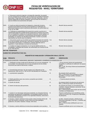 b. Corporación autónoma regional o de desarrollo sostenible, de acuerdo
con las competencias territoriales: para las Reservas Forestales Protectoras
Nacionales o Regionales; para los Parques Naturales Regionales, para los
Distritos Regionales de Manejo Integrado; para las Áreas de recreación; y
para los Distritos de Conservación de Suelos.
G323 9. Cuando se trate de proyectos de integración y desarrollo fronterizo,
constancia del trámite de consulta previa expedida por el Ministerio de
Relaciones Exteriores sobre la pertinencia del proyecto, de conformidad con
la Ley 191 de 1995.
N.A. Revisión técnica sectorial
G324 10. Certificado de sostenibilidad del proyecto de inversión suscrito por el
representante legal de la entidad donde se ejecutará el proyecto de acuerdo
con su competencia, avalado por el operador de servicio, cuando aplique, en
el cual garantice la operación y funcionamiento de los bienes o servicios
entregados con ingresos de naturaleza permanente. Cuando no proceda
debe justificar por escrito esta circunstancia.
N.A. Revisión técnica sectorial
G325 11. Documento suscrito por la entidad que presenta el proyecto de inversión
en el cual se señalen qué licencias o permisos se requieren de acuerdo con
la naturaleza del proyecto, su pertinencia, el tiempo estimado para su
expedición, el valor estimado y la fuente de financiación.
N.A. Revisión técnica sectorial
G326 12. Análisis de riesgos de desastres con el nivel de detalle acorde a la
complejidad y naturaleza del proyecto, de conformidad con el artículo 38 de
la Ley 1523 de 2012.
N.A. Revisión técnica sectorial
SECTOR: TRANSPORTE
SUBSECTOR: INFRAESTRUCTURA VIAL
REQUISITOS DE VIABILIZACIÓN Y APROBACIÓN PARA EL SECTOR
COD PREGUNTA CUMPLE OBSERVACIÓN
II. Proyectos de construcción, mantenimiento, adecuación, mejoramiento o rehabilitación de infraestructura vial.
1310 1. Certificado en donde conste que la intervención en la vía es competencia
de la entidad. Si la intervención en la vía es competencia de otra entidad,
documento que avale la intervención a realizar.
Si 1. No se encontró informe de levantamiento
topográfico ni certificado de calibración de equipos
vigente.
REV_2_FM_ Se incluye informe de levantamiento
topográfico.
1311 2. Caracterización del tramo vial, de acuerdo con lo dispuesto en las
Resoluciones 1860 de 2013 y 1067 de 2015 del Ministerio de Transporte.
N.A.
1312 3. Levantamiento topográfico. Si No presenta diseño geometrico
REV_2_FM aunque no es necesario el diseño
geométrico, se inluyen perfiles verticales y
horizontales.
1313 4. Diseño geométrico para vías nuevas o proyectos que cambien
alineamiento de la vía.
Si 1. Presenta estudio de tránsito.
1314 5. Estudio de tránsito. Si No presenta diseño de estructura de pavimento
REV_2_FM Incluyen diseño de Pavimentos.
1315 6. Diseño de estructura del pavimento. Si No presenta documento, se recomienda hacer
inventario, chequeo hidraulico y esructural de las
estructuras existentes.
Rev_2_FM Inventario anexo dentro del documento
Inventario de infraestructura.
1316 7. Cuando no se intervengan estructuras existentes, los chequeos técnicos
pertinentes que garanticen la estabilidad y funcionalidad durante la vida útil
proyectada, presentando la revisión de la capacidad hidráulica, estructural o
funcional de las estructuras.
Si Presenta certificadoque no se identifican puntos
criticos en el tramo vial. Firmado por el Secretario
de planeaciòn.
1317 8. Estudios y diseños definitivos de los puntos críticos incluidos dentro del
tramo del proyecto a presentar, puntos críticos del orden geológico,
geotécnico, de suelos, hidráulico, drenaje, entre otros.
Si se debe presentar estudios y diseños de las
estructuras especiales, Si las hay. O certificar que
no se requiere.
REV_2_FM Se anexa certificación que no se
requiere
1318 9. Estudios y diseños definitivos de estructuras especiales como puentes y Si Presenta certificado que la via no incluye vias
Calle 26 N. 13-19 - PBX 3815000 - www.dnp.gov.co
FICHA DE VERIFICACION DE
REQUISITOS - NIVEL TERRITORIO
 