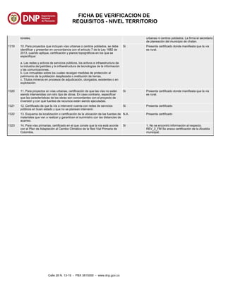túneles. urbanas ni centros poblados. La firma el secretario
de planeaciòn del municipio de chalan.
1319 10. Para proyectos que incluyan vías urbanas o centros poblados, se debe
identificar y presentar en concordancia con el artículo 7 de la Ley 1682 de
2013, cuando aplique, certificación y planos topográficos en los que se
especifique:
a. Las redes y activos de servicios públicos, los activos e infraestructura de
la industria del petróleo y la infraestructura de tecnologías de la información
y las comunicaciones.
b. Los inmuebles sobre los cuales recaigan medidas de protección al
patrimonio de la población desplazada o restitución de tierras.
c. Títulos mineros en procesos de adjudicación, otorgados, existentes o en
explotación.
Si Presenta certificado donde manifiesta que la via
es rural.
1320 11. Para proyectos en vías urbanas, certificación de que las vías no están
siendo intervenidas con otro tipo de obras. En caso contrario, especificar
que las características de las obras son concordantes con el proyecto de
inversión y con qué fuentes de recursos están siendo ejecutadas.
Si Presenta certificado donde manifiesta que la via
es rural.
1321 12. Certificado de que la vía a intervenir cuenta con redes de servicios
públicos en buen estado y que no se planean intervenir.
Si Presenta certificado
1322 13. Esquema de localización o certificación de la ubicación de las fuentes de
materiales que van a realizar y garanticen el suministro con las distancias de
acarreo.
N.A. Presenta certificado
1323 14. Para vías primarias, certificado en el que conste que la vía está acorde
con el Plan de Adaptación al Cambio Climático de la Red Vial Primaria de
Colombia.
Si 1. No se encontró información al respecto.
REV_2_FM Se anexa certificación de la Alcaldía
municipal.
Calle 26 N. 13-19 - PBX 3815000 - www.dnp.gov.co
FICHA DE VERIFICACION DE
REQUISITOS - NIVEL TERRITORIO
 