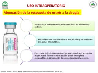 USO INTRAOPERATORIO
Atenuación de la respuesta de estrés a la cirugía
Se asocia con niveles reducidos de adrenalina, noradrenalina y
cortisol.
Efecto favorable sobre las células inmunitarias y los niveles de
citoquinas inflamatorias.
Concomitante junto con anestesia general para cirugía abdominal
mayor puede atenuar la respuesta de estrés en un grado
comparable a la combinación de anestesia epidural y general.
Crowe G, Atterton B, Moran L. ATOTW 469: Aplicaciones perioperatorias de la dexmedetomidina. Abril de 2022
 