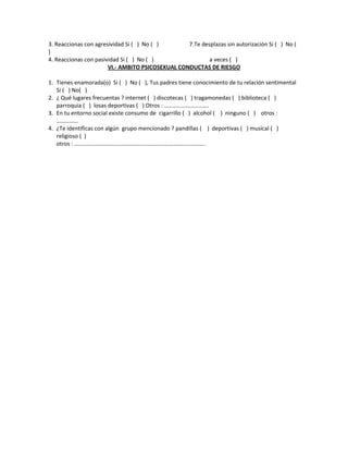 3. Reaccionas con agresividad Si ( ) No ( )
7.Te desplazas sin autorización Si ( ) No (
)
4. Reaccionas con pasividad Si ( ) No ( )
a veces ( )
VI.- AMBITO PSICOSEXUAL CONDUCTAS DE RIESGO
1. Tienes enamorada(o) Si ( ) No ( ), Tus padres tiene conocimiento de tu relación sentimental
Si ( ) No( )
2. ¿ Qué lugares frecuentas ? internet ( ) discotecas ( ) tragamonedas ( ) biblioteca ( )
parroquia ( ) losas deportivas ( ) Otros : ………………………….
3. En tu entorno social existe consumo de cigarrillo ( ) alcohol ( ) ninguno ( ) otros :
……………
4. ¿Te identificas con algún grupo mencionado ? pandillas ( ) deportivas ( ) musical ( )
religioso ( )
otros : ……………………………………………………………………………….

 