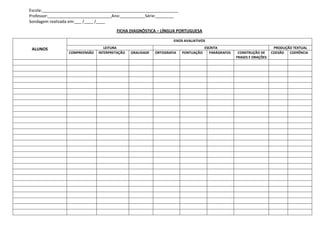 Escola:____________________________________________________________
Professor:____________________________Ano:___________Série:________
Sondagem realizada em:___ /____ /____

                                       FICHA DIAGNÓSTICA – LÍNGUA PORTUGUESA

                                                                   EIXOS AVALIATIVOS

 ALUNOS                           LEITURA                                           ESCRITA                            PRODUÇÃO TEXTUAL
                 COMPREENSÃO   INTERPRETAÇÃO   ORALIDADE   ORTOGRAFIA   PONTUAÇÃO     PARÁGRAFOS    CONSTRUÇÃO DE     COESÃO  COERÊNCIA
                                                                                                   FRASES E ORAÇÕES
 